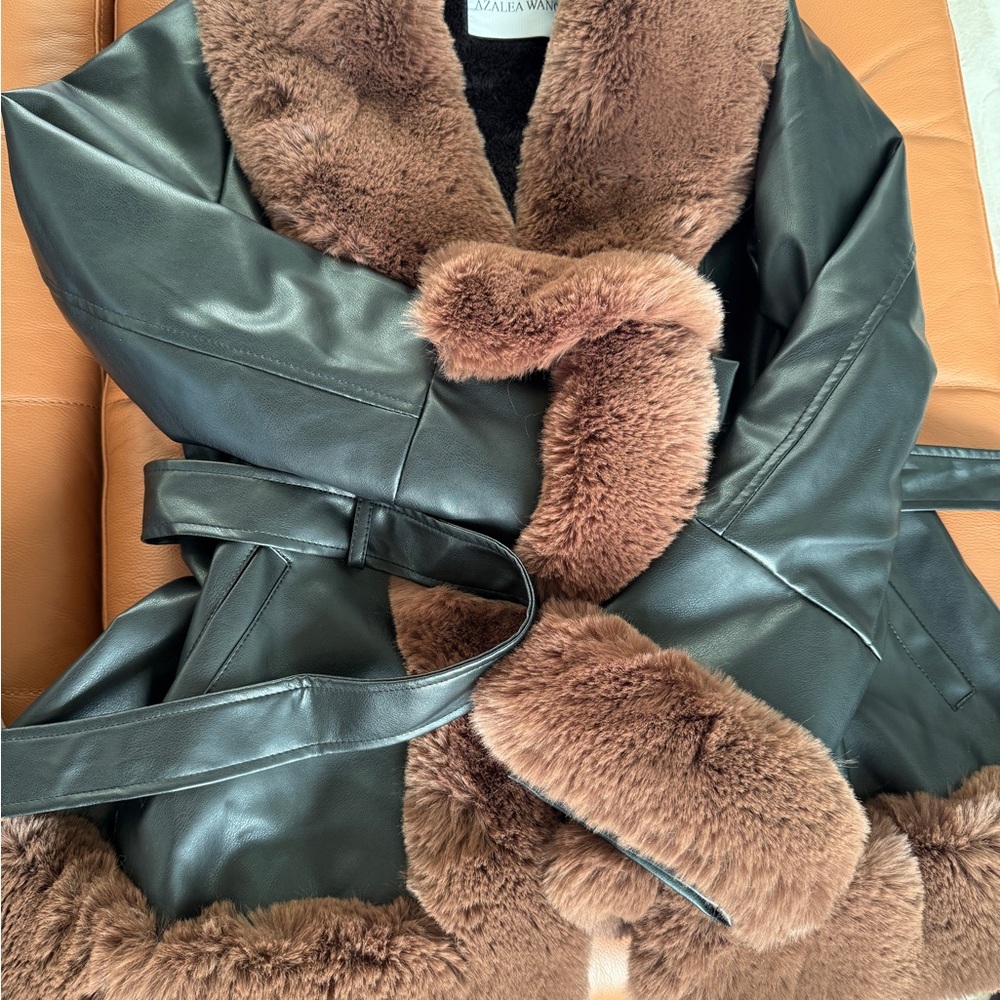 Faux Leather Coat with Faux Fur Trim